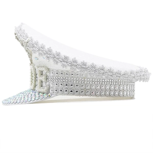 White sequined bride captain hat with iridescent rhinestones and pearl bride lettering