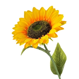 Realistic artificial sunflower with vibrant yellow petals and green stem on white background