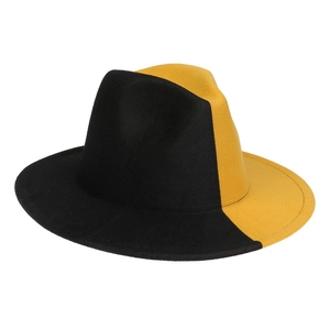 Vertical contrast design detail of black and yellow wool felt wide brim fedora hat