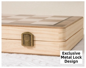 Detailed close-up of a premium wooden chessboard box with a vintage bronze metal clasp