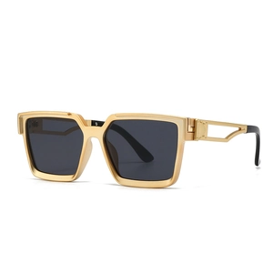 Retro square sunglasses with thick gold metal frame and dark grey lenses in 45-degree view