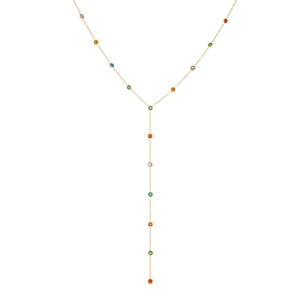Minimalist gold-plated stainless steel Y-necklace with multi-color round gemstones