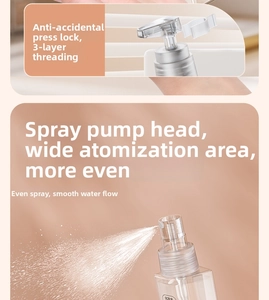 Detail of vacuum spray bottle showing safety clip, 3-layer thread and fine mist spray