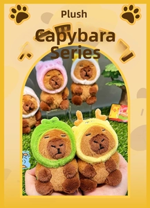 Close-up of cute Capybara plush keychains wearing various animal hats on a hand