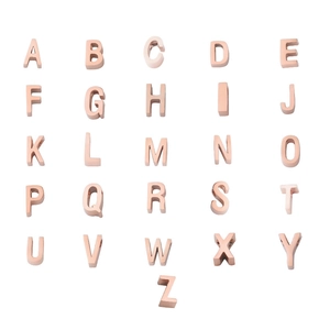 Full set of 26 rose gold titanium alphabet pendant beads from A to Z on white background