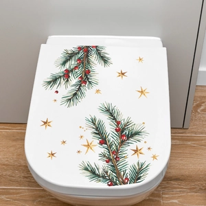 Detailed Christmas toilet seat sticker featuring pine branches and golden stars