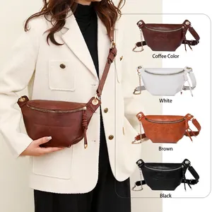 Vintage PU Leather Crossbody Bag Women Retro Half Moon Chest Bag Gold Chain Adjustable Strap Waterproof Casual Chic