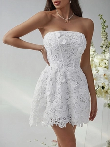 Elegant white lace tube dress with slim fit design and 3D floral textures for women
