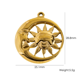 Detailed view of sun and moon face pendant with 28.8mm and 25.1mm measurements