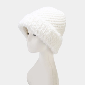 Winter white knit beanie hat with faux fox fur trim and double pompoms for women