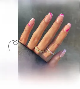 Detail of pink and white wave French press-on nails with minimalist wavy pattern design