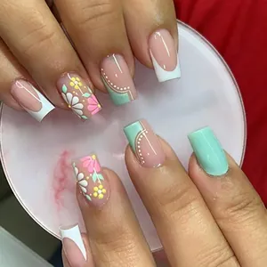 Ongles À Presser Fleurs Marguerite Vert Rose Blanc Brillant Faux Ongles Style Français Doux Pour Femmes