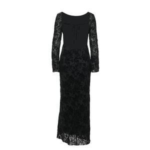Detail of floral texture on black long sleeve backless dress with elegant cutout design
