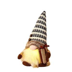 Lighted coffee gnome plush decor with LED glowing beard and knitted plaid hat