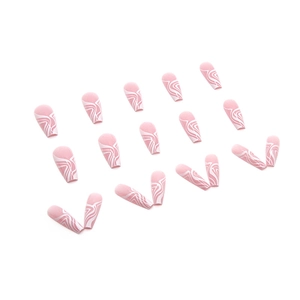 Pink ballerina press-on nails with white irregular wavy lines and marble texture