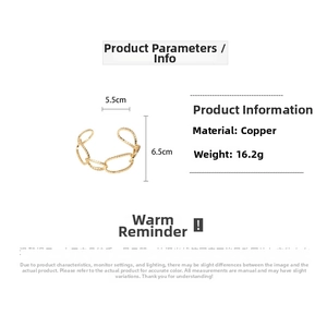 Detailed specifications of the 18K gold plated copper cuff bracelet with size details