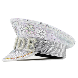 White bridal captain hat with BRIDE lettering and sparkling rhinestones for party wedding