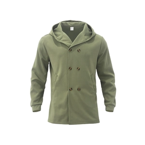 Army green double-breasted hooded trench coat featuring amber pattern buttons and pockets