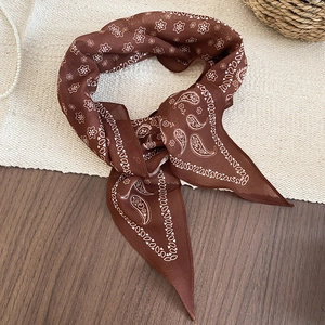 Close-up of brown paisley floral silk scarf styled on a rustic wood and woven surface