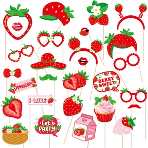 Strawberry Theme Birthday Party Photo Booth Props Set Summer Fruit Hawaii Celebration DIY Selfie Decorations On Sticks