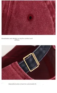Detail der burgunderroten Cord-Baseballkappe mit Belüftungsösen und bronzener Metallschnalle