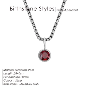 Silver stainless steel birthstone necklace with 8mm round red Siam zircon pendant