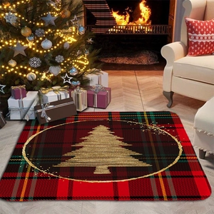 Detail of red and black plaid Christmas rug with golden tree pattern in a warm living room