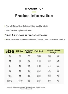 Detailed size chart for men's loose fit crewneck sweatshirt with measurements from S to 3XL
