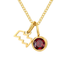 Collana zodiaco dorata con pendente in rubino rotondo e ciondolo geometrico