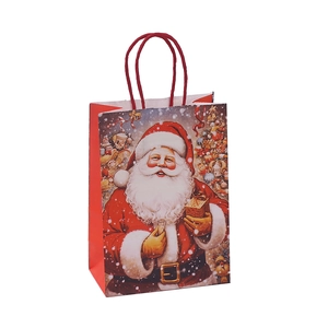 Red Christmas paper gift bag featuring Santa Claus print and twisted rope handles