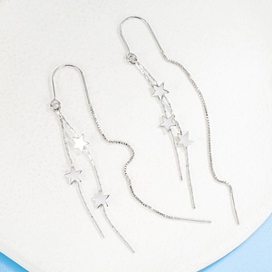 Elegant silver star tassel drop earrings with long fringe and hanging pentagram charms