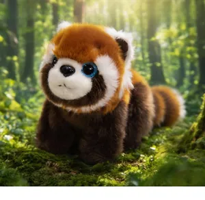 Close-up of cute plush red panda doll with ringed tail in a sunny forest setting