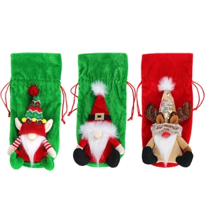 Set of 3 Christmas drawstring wine bottle gift bags with gnome, Santa, and reindeer 3D dolls