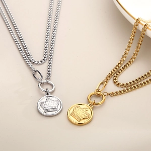 Retro 18k gold plated double layer Cuban chain necklace with round crown coin pendant