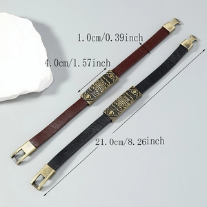 Retro leather bracelets in black and brown with vintage metal floral carvings for couples