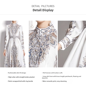 Detail of high collar button-up and lantern sleeve on a bohemian floral midi dress