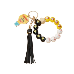Colorful beaded wristlet keychain with leather tassel and teacher heart lightbulb charm