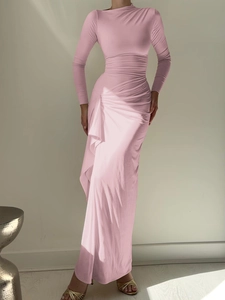 Ruched Side Maxi Dress Long Sleeve Backless Lace Up Slim Fit Polyester Spandex Solid Color Round Neck Women Elegant