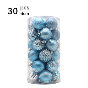 Close-up of 30pcs 6cm blue and silver Christmas balls in transparent barrel packaging