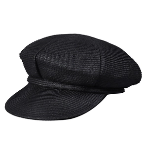 Classic black straw newsboy cap with woven texture and vintage brim for women's summer style