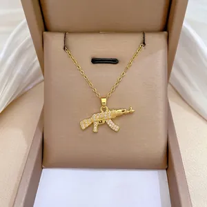 AK47 Rifle Pendant Necklace With Stainless Steel Chain And Copper Rhinestone Hip Hop Jewelry