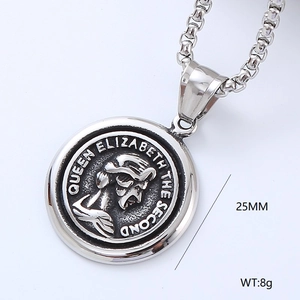 Detailed view of silver Queen Elizabeth coin pendant showing 25mm diameter and engraving