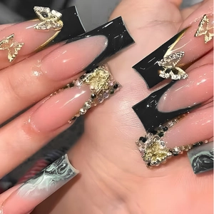 Press On Nails Lange Sargform Französisch Schwarz Rosa Mit 3D Goldener Schmetterling Strass Glitzer Extralange Falsche Nägel