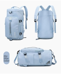 Detail of sky blue versatile travel backpack showing front, back and side carry handles