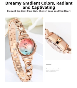 Dettaglio dell'orologio a catena GEDI oro rosa con quadrante sfumato e indici in cristallo