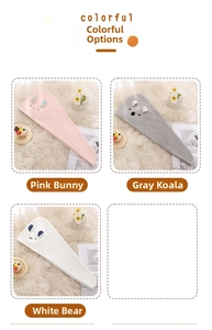 Detail of coral fleece hair drying hats in rabbit, koala, and bear designs with 3D ears