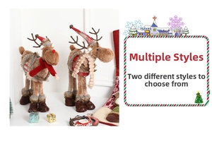 Detail of plush Christmas reindeer dolls with festive red scarves and knit hats for decor