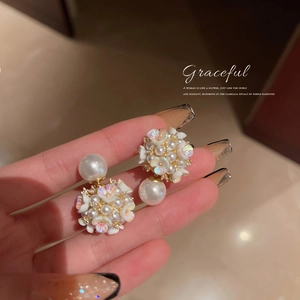 Elegant Camellia Flower Cluster Earrings With Large Artificial Pearl And 925 Sterling Silver Earring Post Vintage French Jewelry