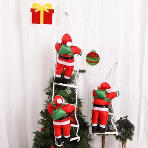 Three Santa Claus dolls climbing a white rope ladder for festive Christmas wall decoration