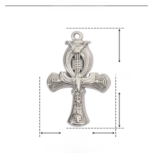 Macro detail of silver Ankh cross pendant with size specs 34mm by 21mm and weight